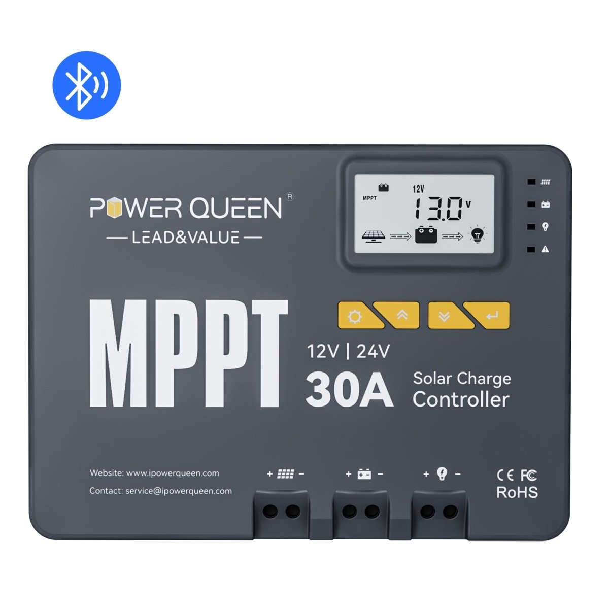 Power Queen 30A MPPT solar charge controller with integrated Bluetooth for wireless monitoring
