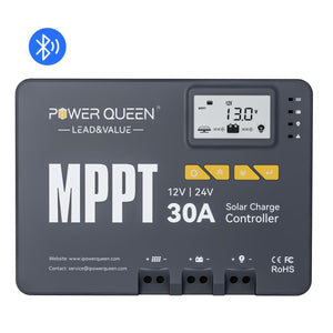 Power Queen 30A MPPT solar charge controller with integrated Bluetooth for wireless monitoring