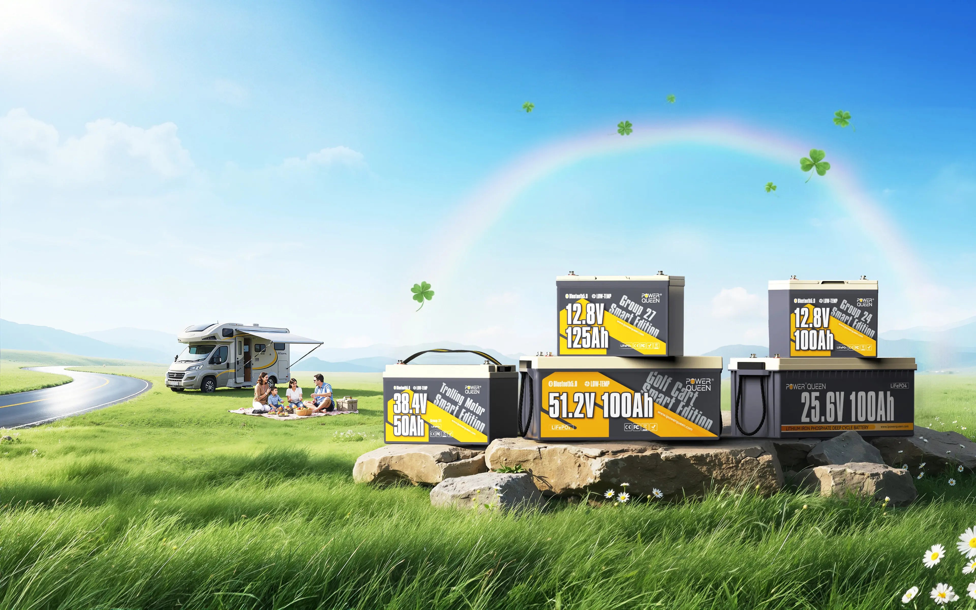 Power Queen batteries on rocks in a meadow with a rainbow and family picnicking by an RV.
