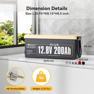 Power Queen 12.8V 200Ah Plus LiFePO4 battery showing dimension and weight specifications