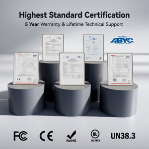 Battery certifications and warranty for Power Queen 12V 200Ah PLUS Low-Temp battery including CE, UL1973, FCC, RoHS