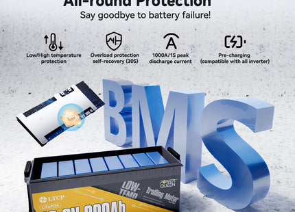 Advanced 200A BMS system in Power Queen 200Ah PLUS battery offering protection from overcharge, short circuit, and overload