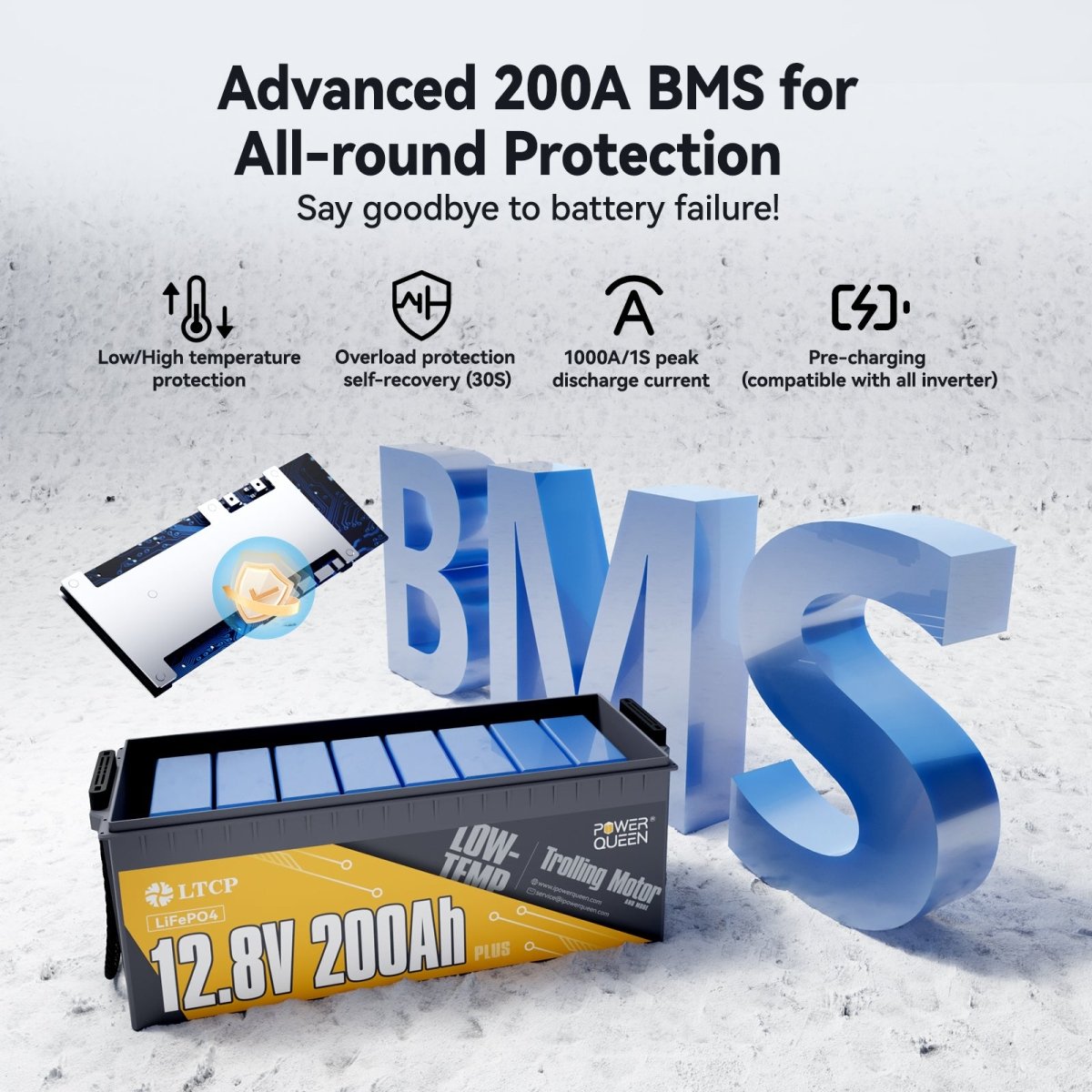 Advanced 200A BMS system in Power Queen 200Ah PLUS battery offering protection from overcharge, short circuit, and overload