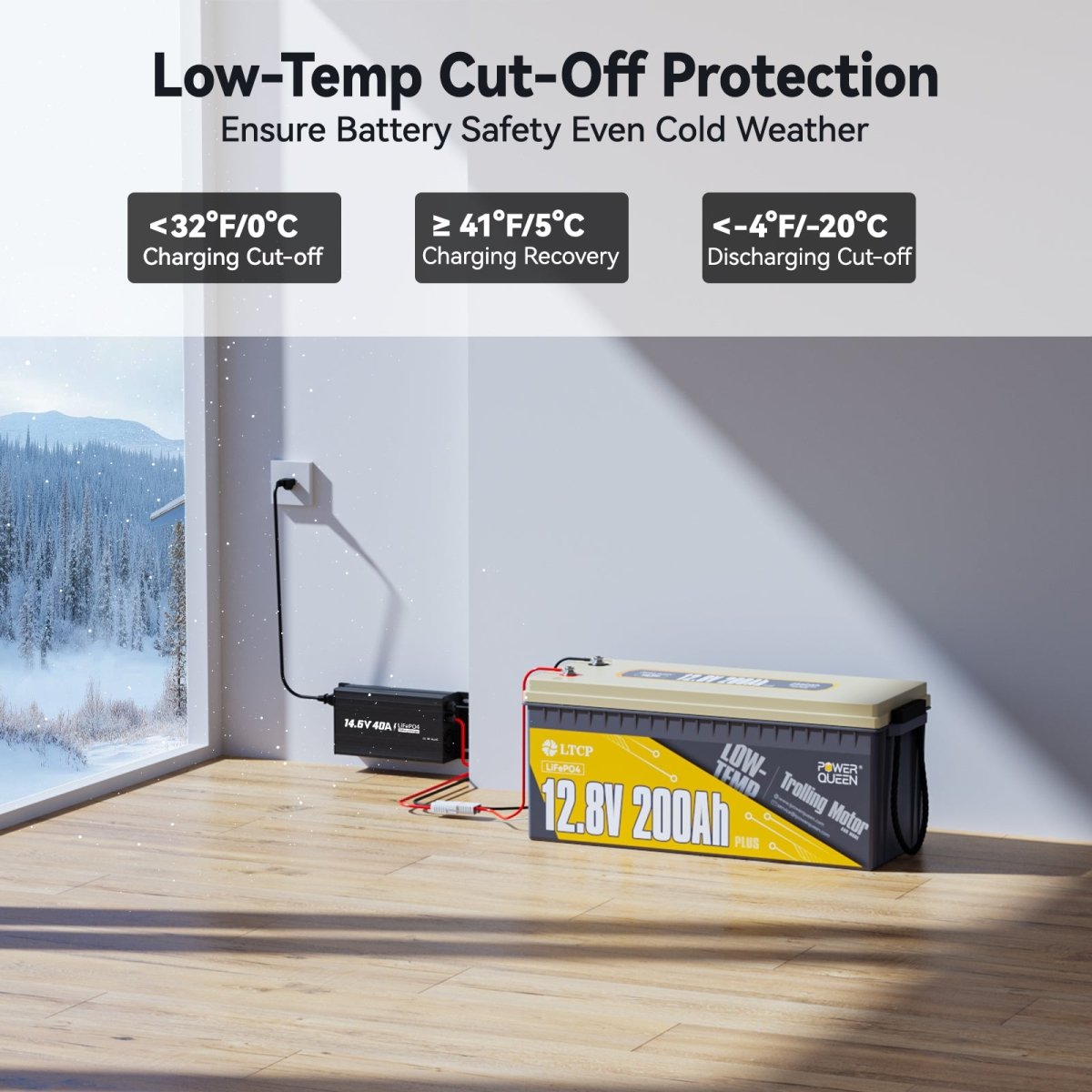Low-temperature protection of Power Queen 12V 200Ah PLUS battery ensures safe performance in freezing weather