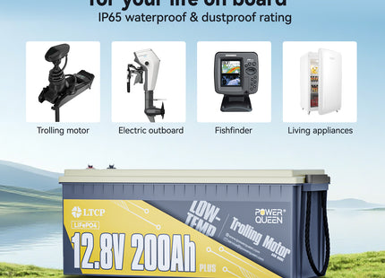 Marine applications of Power Queen 200Ah PLUS Low-Temp battery for trolling motor, fishfinder, and electric outboard