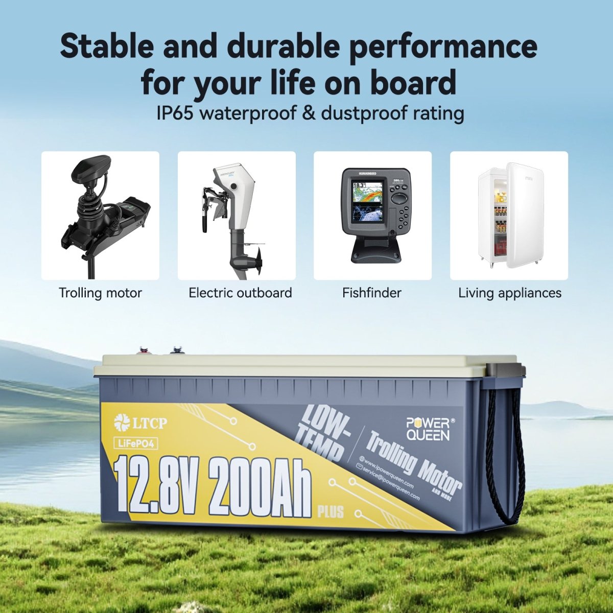 Marine applications of Power Queen 200Ah PLUS Low-Temp battery for trolling motor, fishfinder, and electric outboard