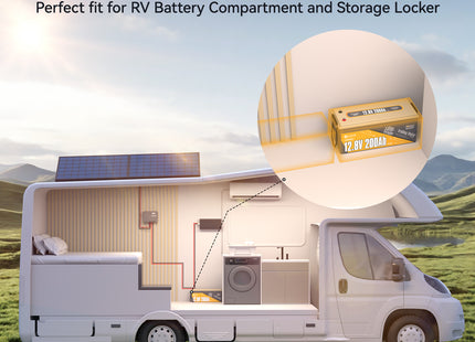 Power Queen 200Ah PLUS Low-Temp battery shown in RV installation, ideal for space-saving and compact storage