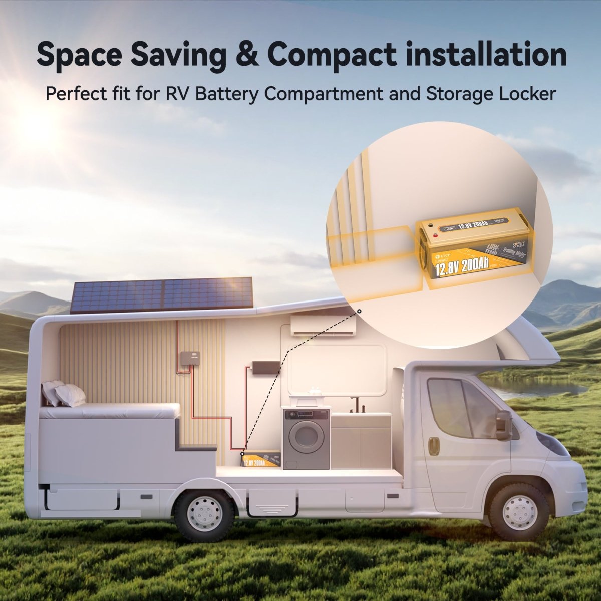 Power Queen 200Ah PLUS Low-Temp battery shown in RV installation, ideal for space-saving and compact storage