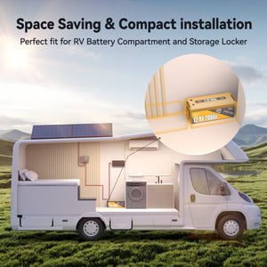 Power Queen 200Ah PLUS Low-Temp battery shown in RV installation, ideal for space-saving and compact storage