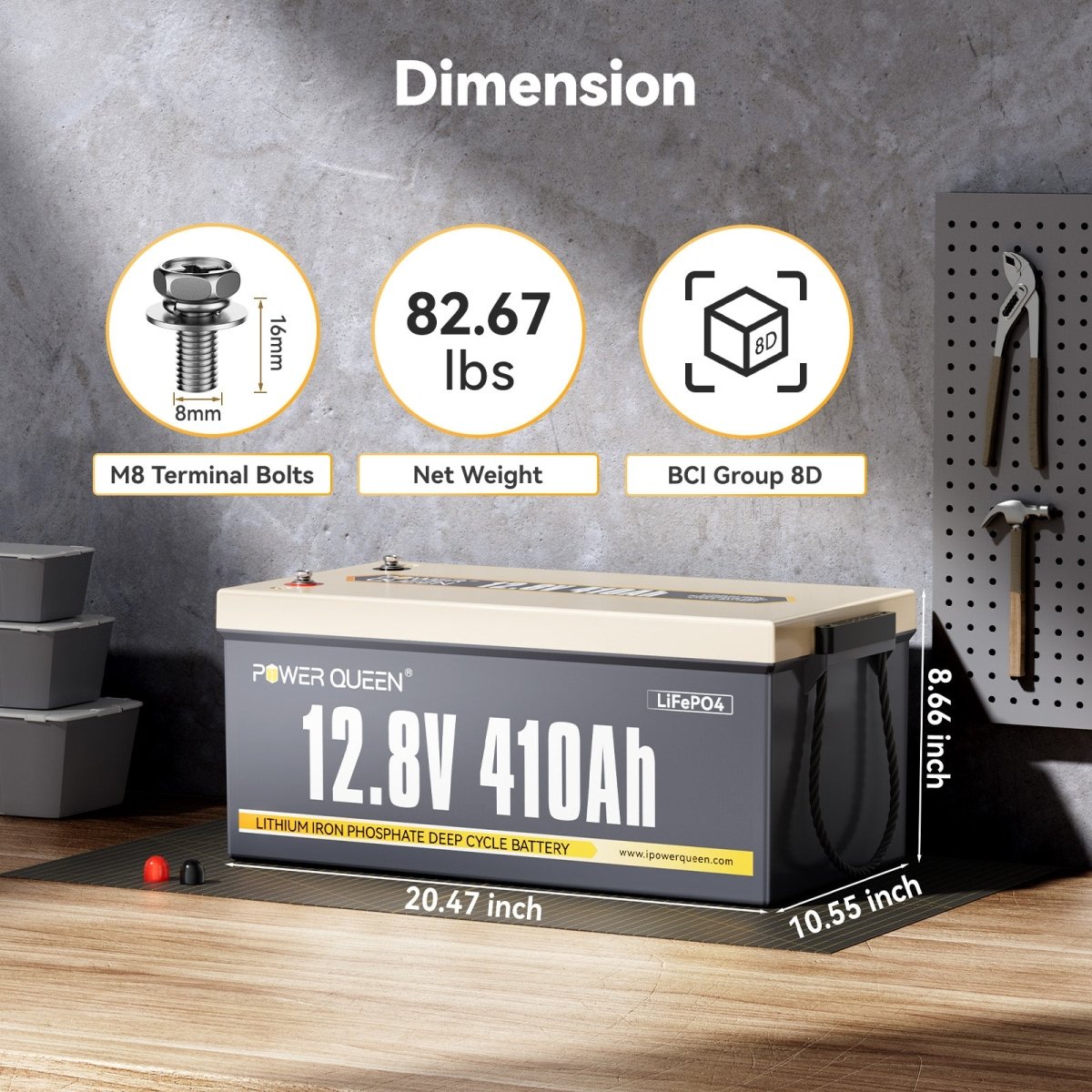 Dimensions of Power Queen 12.8V 410Ah LiFePO4 battery with BCI Group 8D size