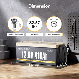 Dimensions of Power Queen 12.8V 410Ah LiFePO4 battery with BCI Group 8D size