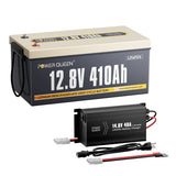 Power Queen 12.8V 410Ah LiFePO4 battery bundled with 14V 40A smart charger for fast and safe charging