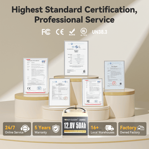 Certifications and 5-year warranty for Power Queen 12V 50Ah deep cycle lithium battery