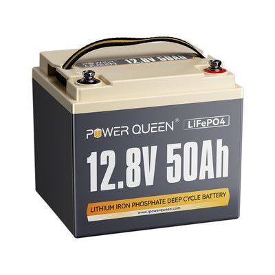 Close-up of Power Queen 12V 50Ah LiFePO4 deep cycle battery with compact design