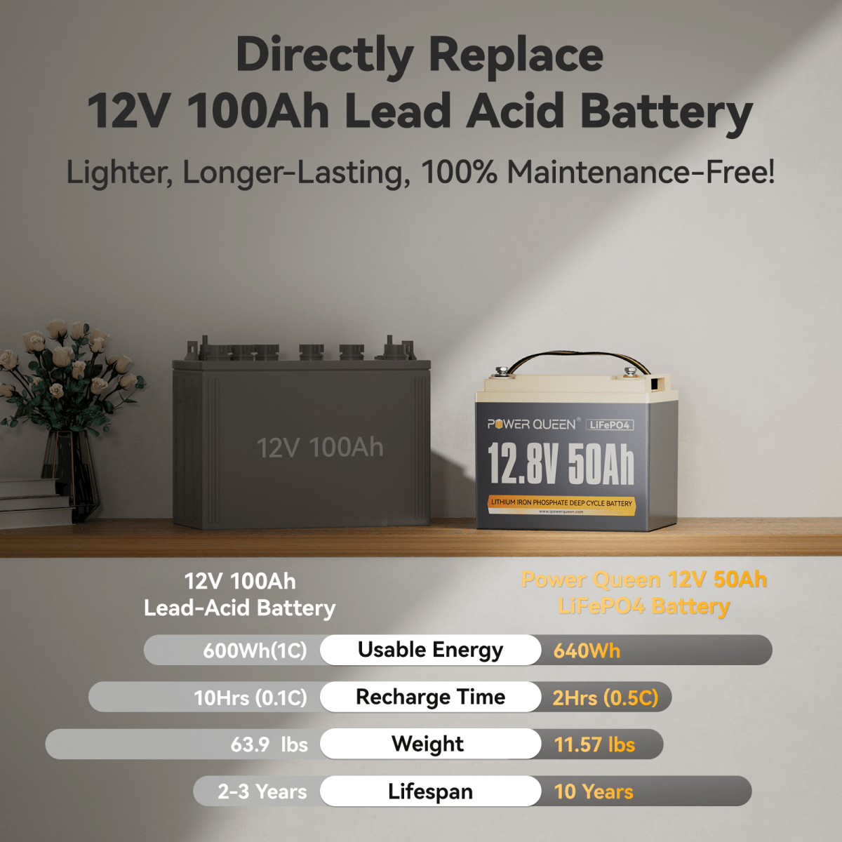 Comparison between Power Queen 12V 50Ah LiFePO4 battery and traditional 100Ah lead-acid battery