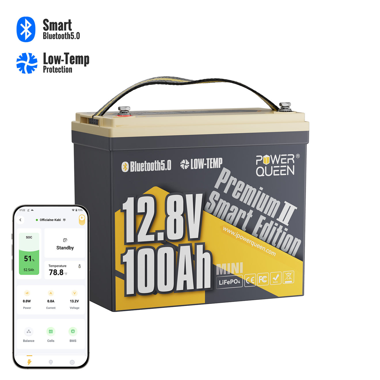 Smart low-temp protected 12.8V 100Ah lithium battery with app control