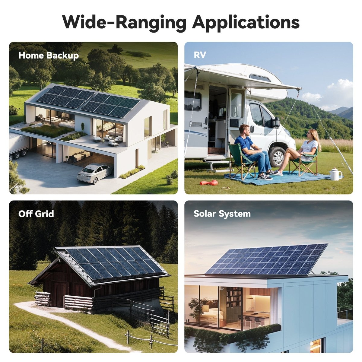 Wide range of applications for Power Queen 410Ah battery including RV, off-grid, solar