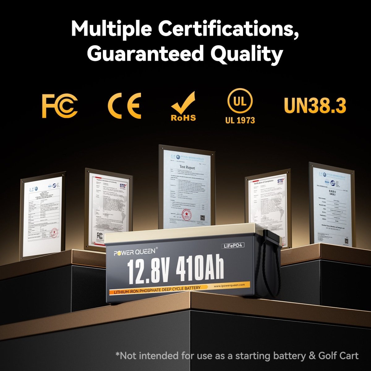 Power Queen 12.8V 410Ah battery with UL, CE, FCC, UN38.3, and RoHS certifications