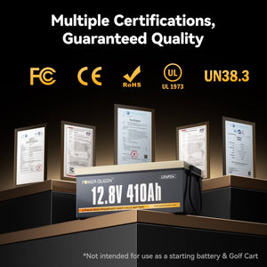 Power Queen 12.8V 410Ah battery with UL, CE, FCC, UN38.3, and RoHS certifications