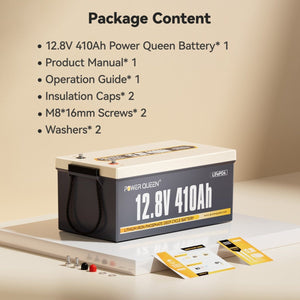 Package contents of Power Queen 12.8V 410Ah LiFePO4 deep cycle battery