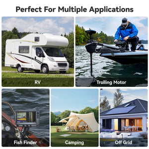 Power Queen 12V 100Ah LiFePO4 battery used in RV, trolling motor, fish finder, off-grid and camping applications