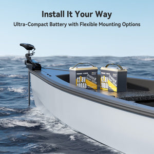 Dual Power Queen 12V 100Ah mini batteries installed on a trolling motor boat