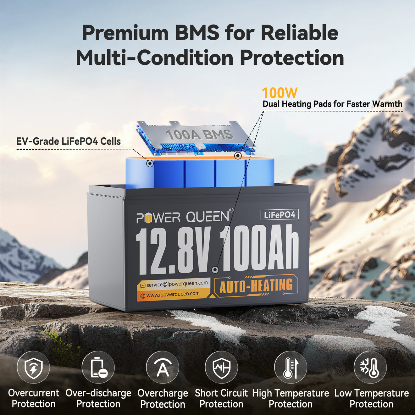 Power Queen 12V 100Ah Self-Heating Deep Cycle Lithium Battery