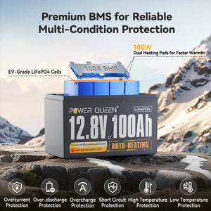 Power Queen 12V 100Ah Self-Heating Deep Cycle Lithium Battery