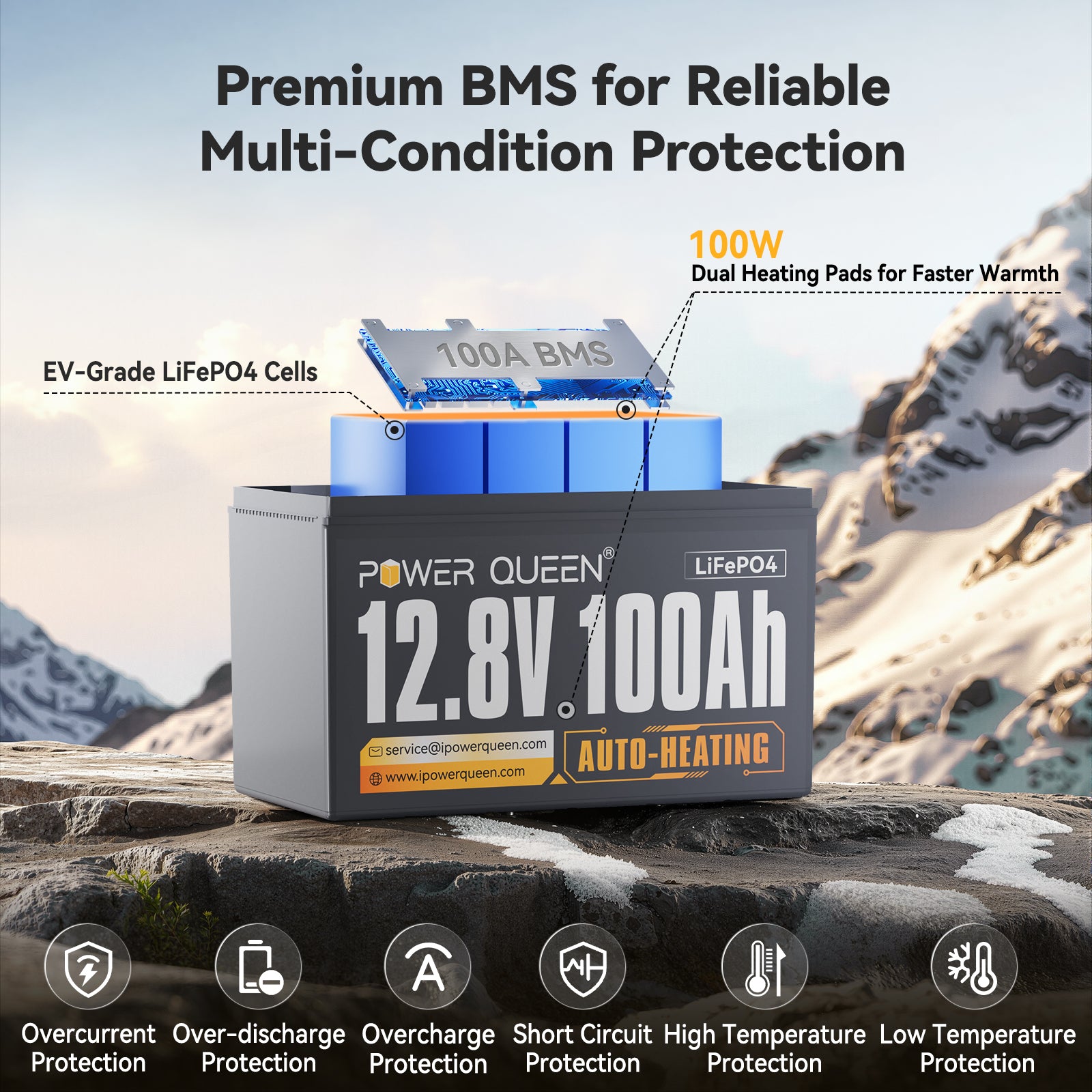 Power Queen 12V 100Ah Self-Heating Deep Cycle Lithium Battery