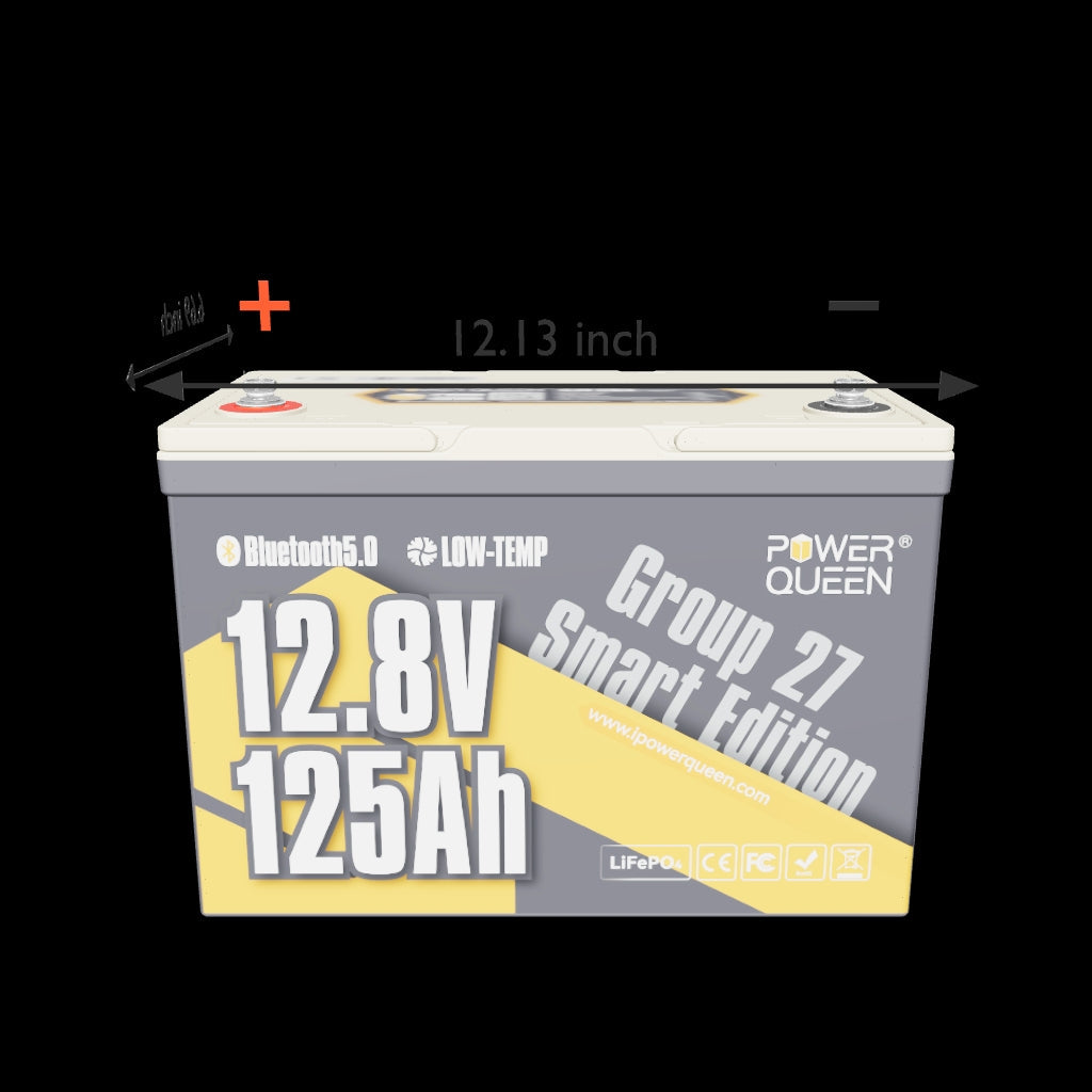 Power Queen 12v 125ah group 27 lithium battery with Bluetooth 5.0 and low-temp protection.