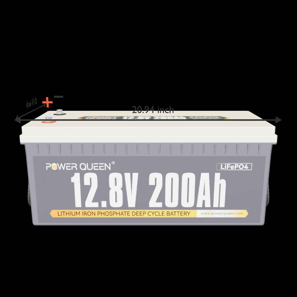 Power Queen 12v 200ah deep cycle LiFePO4 battery dimensions diagram showing 20.94 inch length specification.