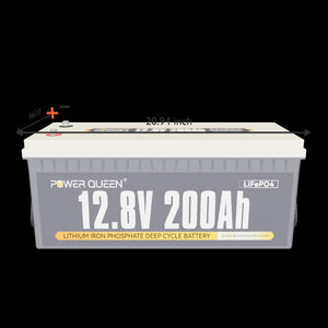 Power Queen 12v 200ah deep cycle LiFePO4 battery dimensions diagram showing 20.94 inch length specification.