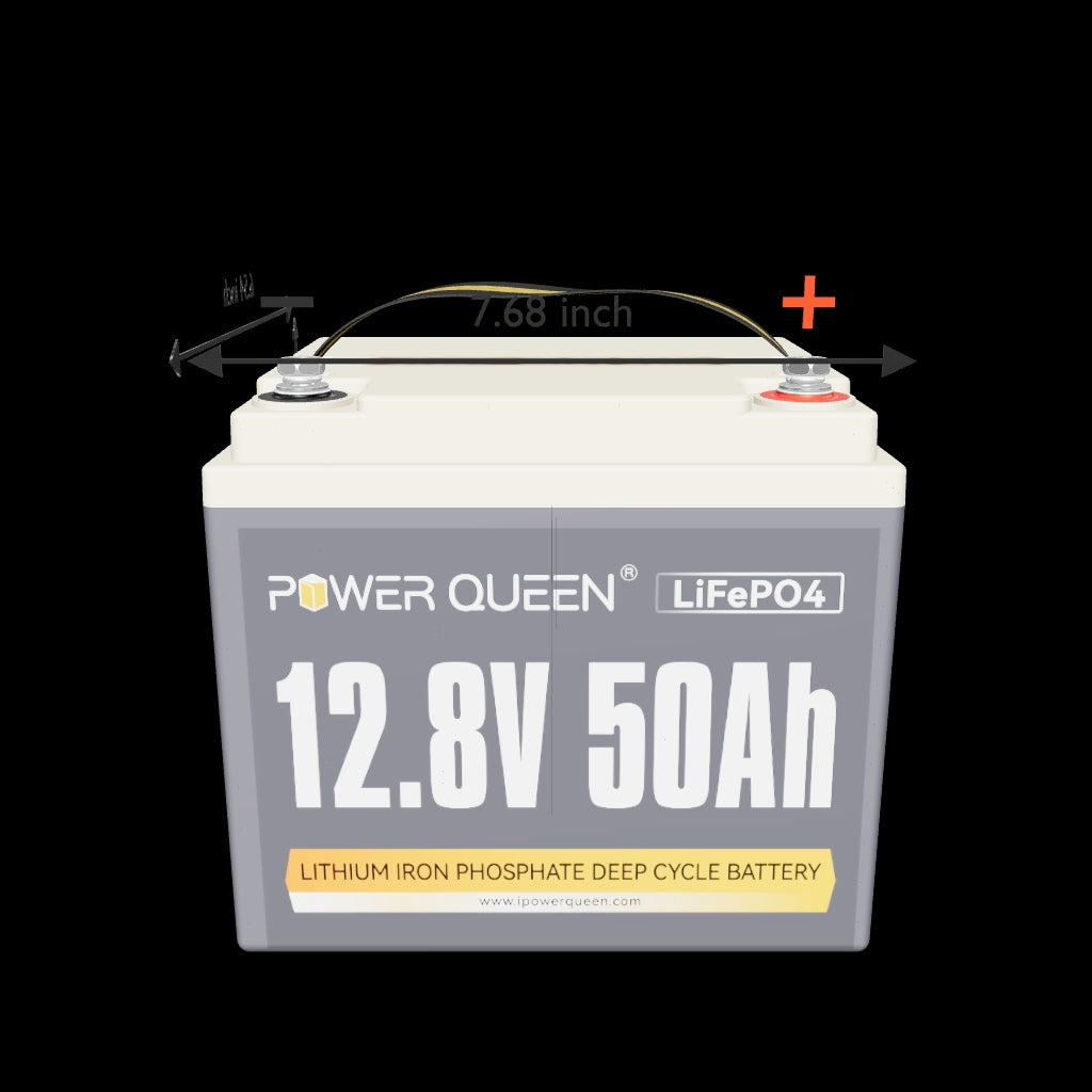 Power Queen 12V 50Ah LiFePO4 battery dimensions diagram showing 7.68 inch length specification.
