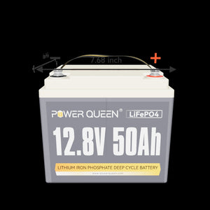 Power Queen 12V 50Ah LiFePO4 battery dimensions diagram showing 7.68 inch length specification.