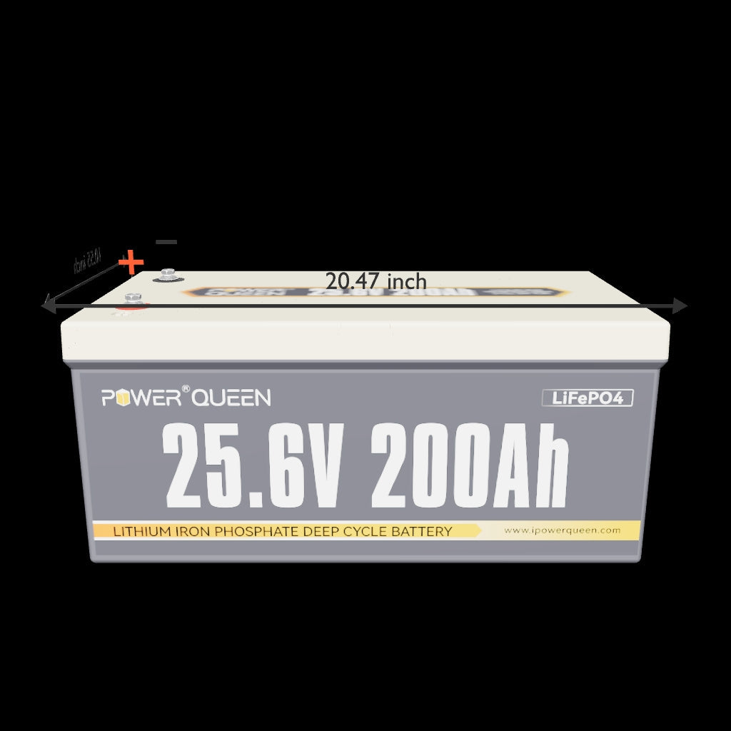 Power Queen 24V 200Ah LiFePO4 battery with 20.47-inch length, ensuring a perfect fit for compact RV battery compartments.