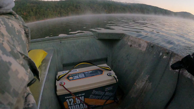 Power Queen 12V 125Ah Group 27 battery product on a boat