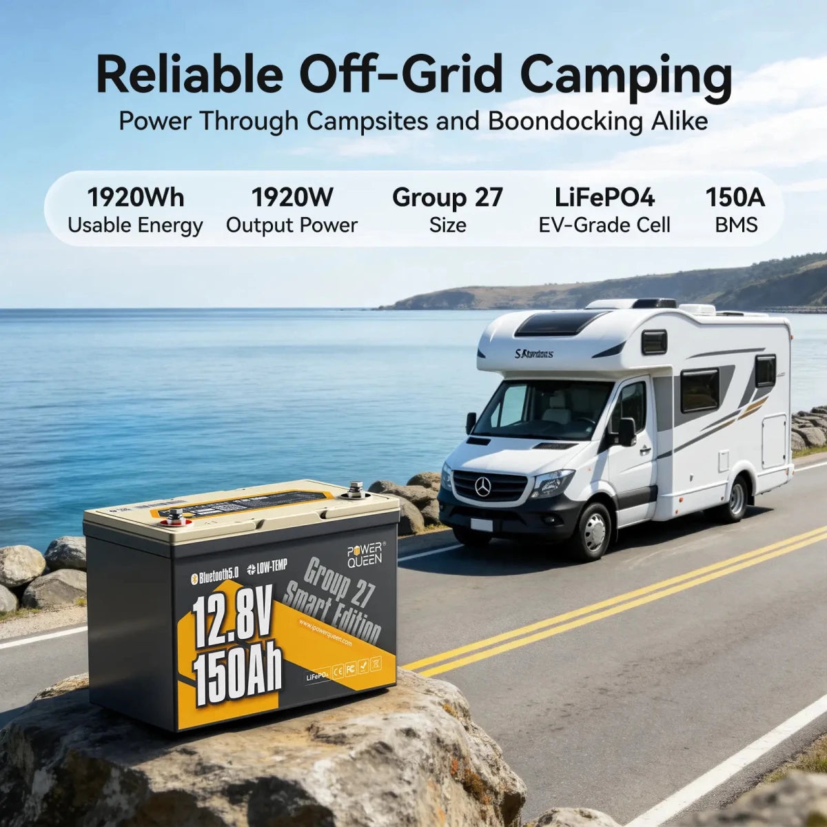 Reliable off-grid camping RV power featuring the Power Queen 12v 150ah group 27 deep cycle lithium battery