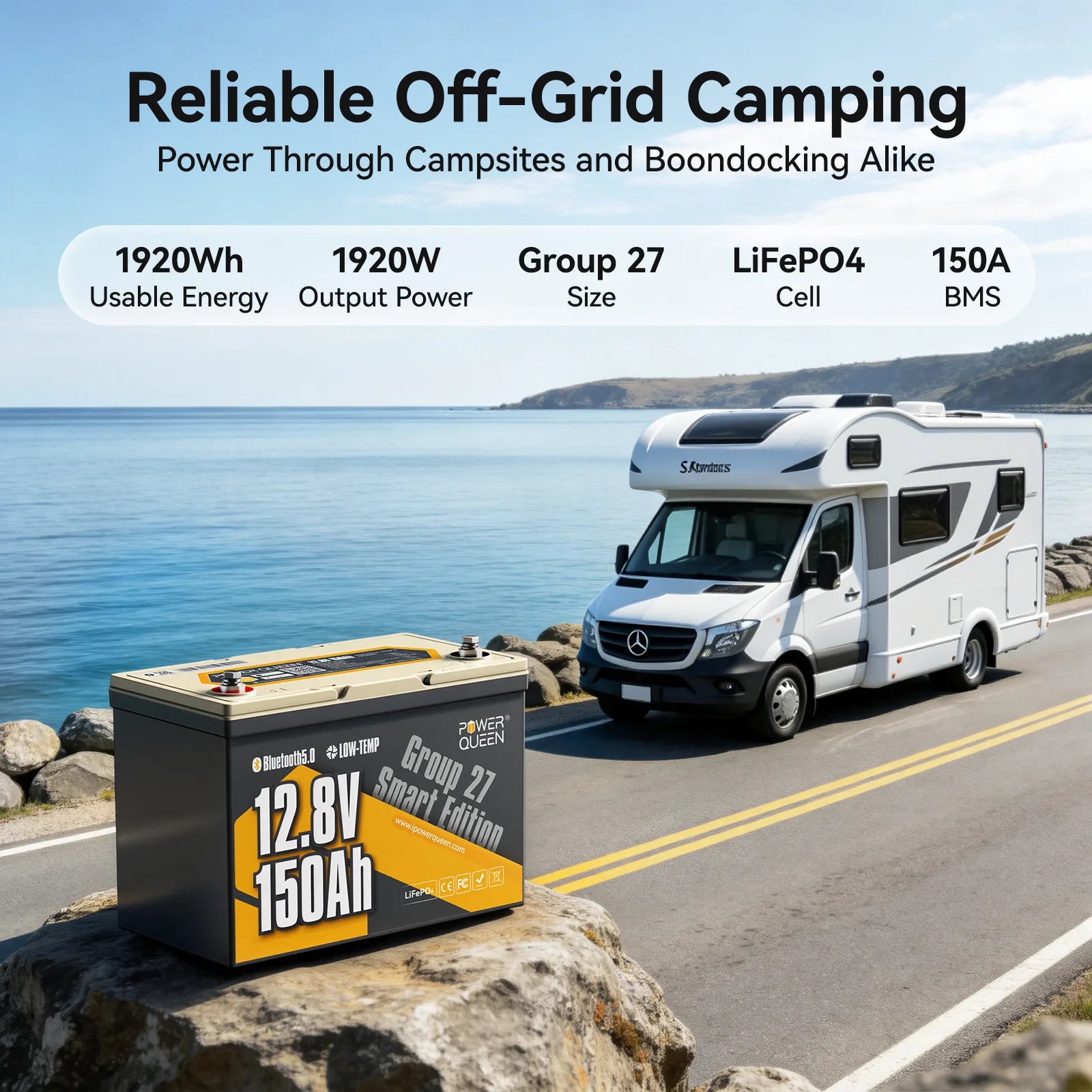 Reliable off-grid camping RV power featuring the Power Queen 12v 150ah group 27 deep cycle lithium battery