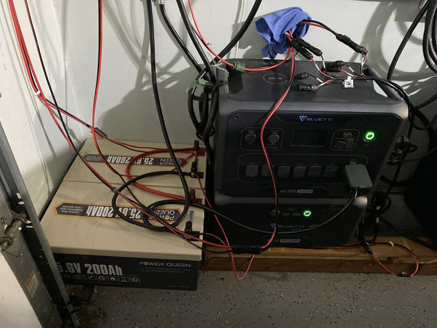 Power station with Power Queen 24V LiFePO4 batteries and wiring on a concrete floor.