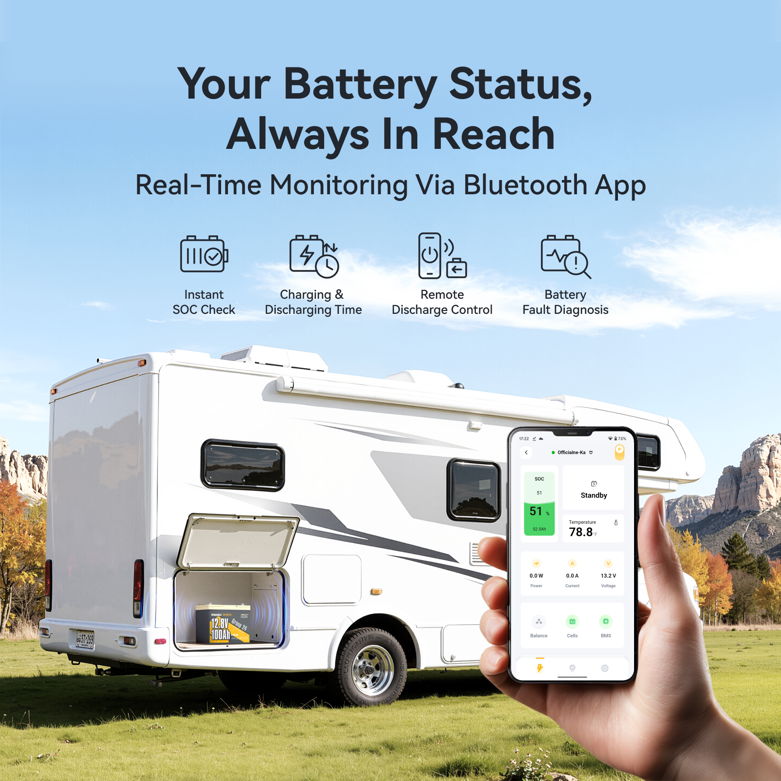 12V 100Ah Dual-Mode Self Heating Group24 LiFePO4 Battery with real time monitor featuire