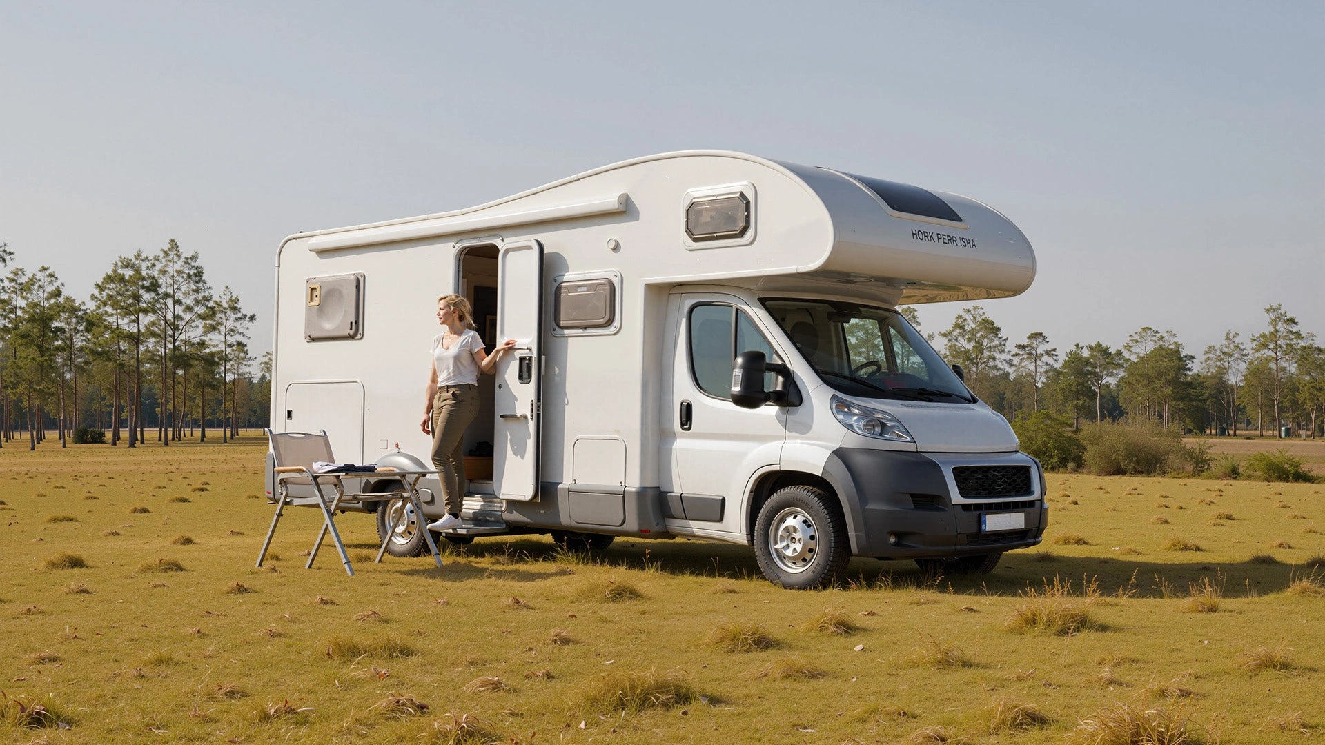 White camper van parked in a grassy field with Power Queen 24V LiFePO4 Battery