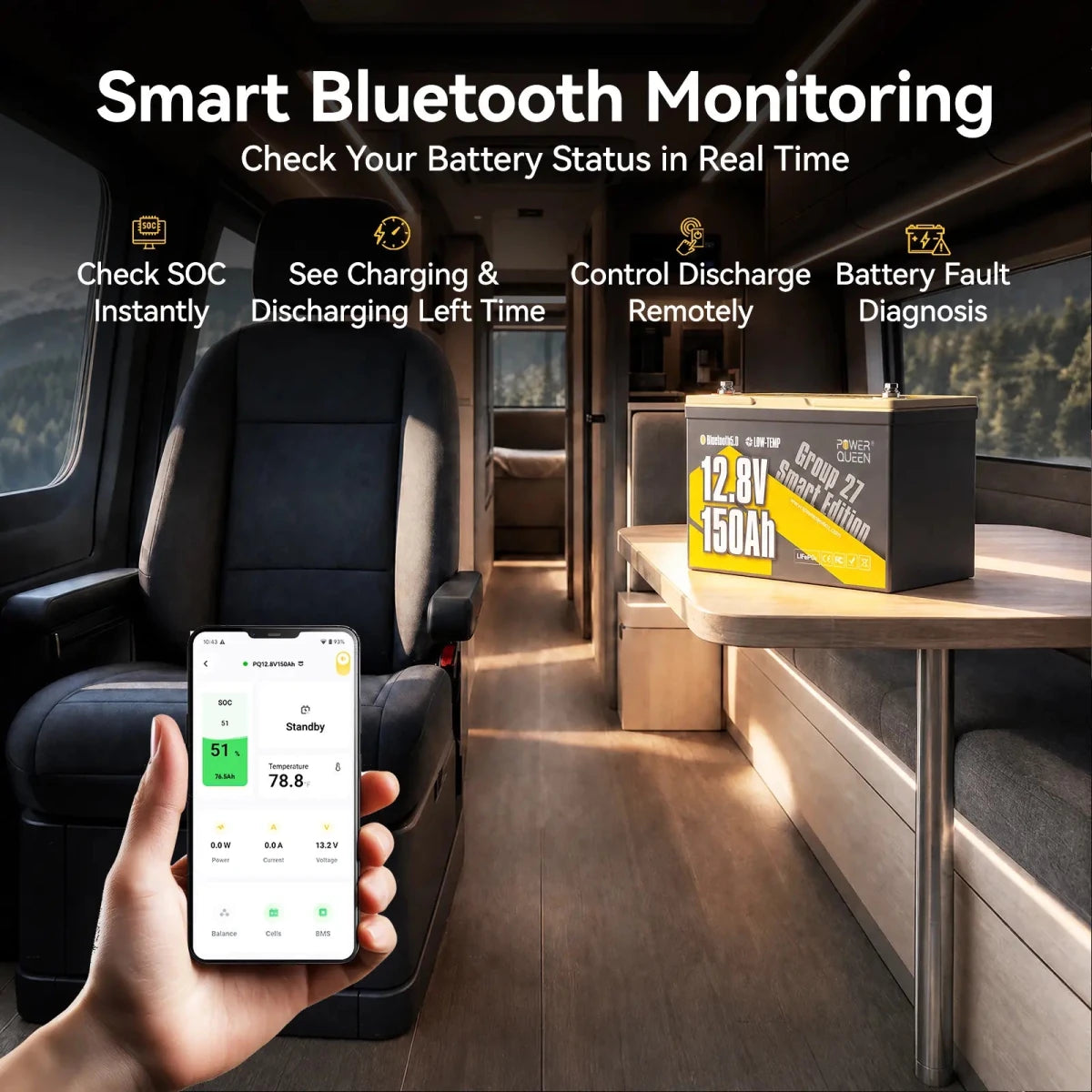 Smart Bluetooth monitoring app checking the status of Power Queen 12v 150ah group 27 deep cycle lithium battery 