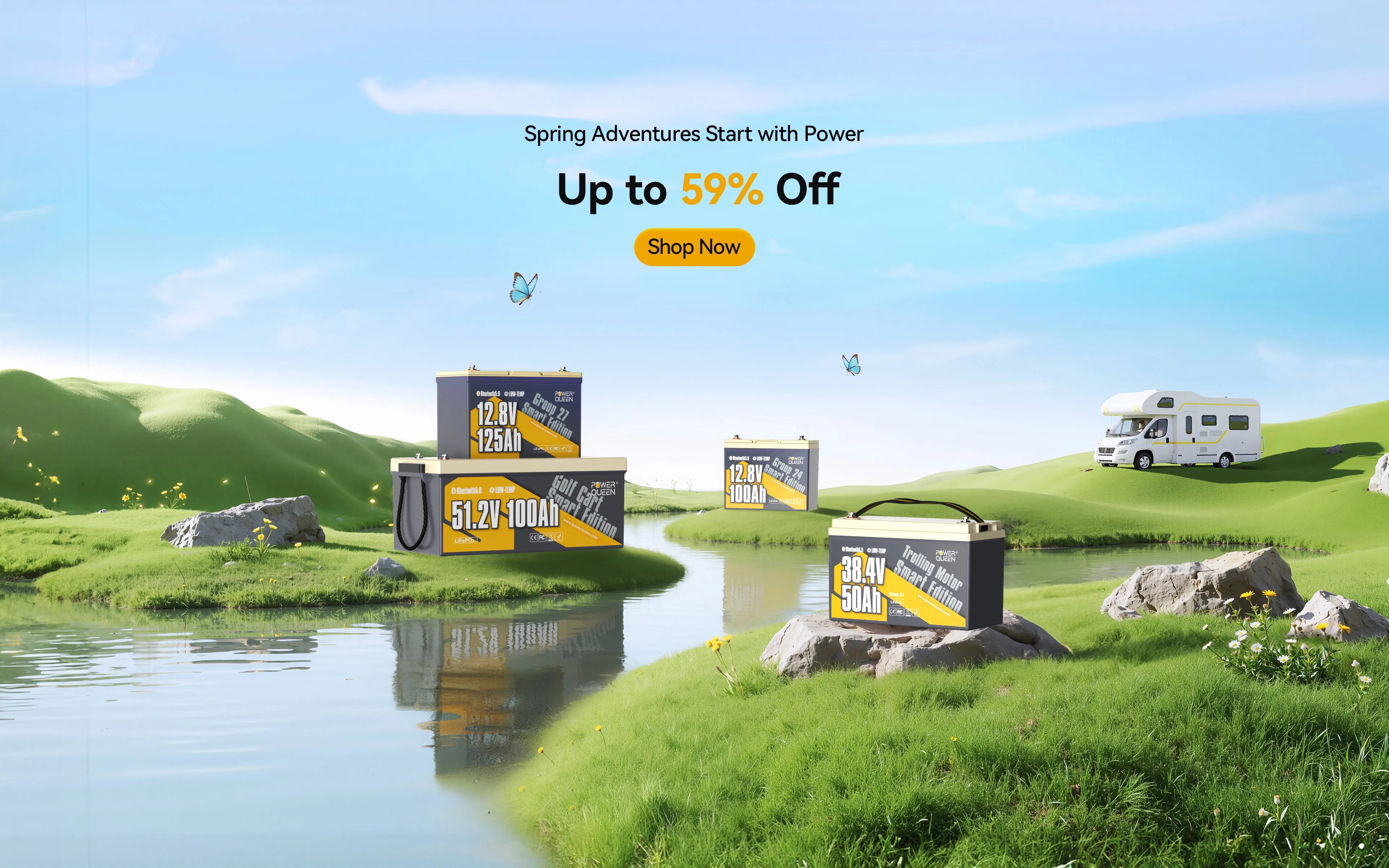 Power Queen Big Spring Sale banner featuring smart lithium batteries (51.2V 100Ah, 12.8V 100Ah, 38.4V 50Ah) with up to 59% discount for spring adventures.