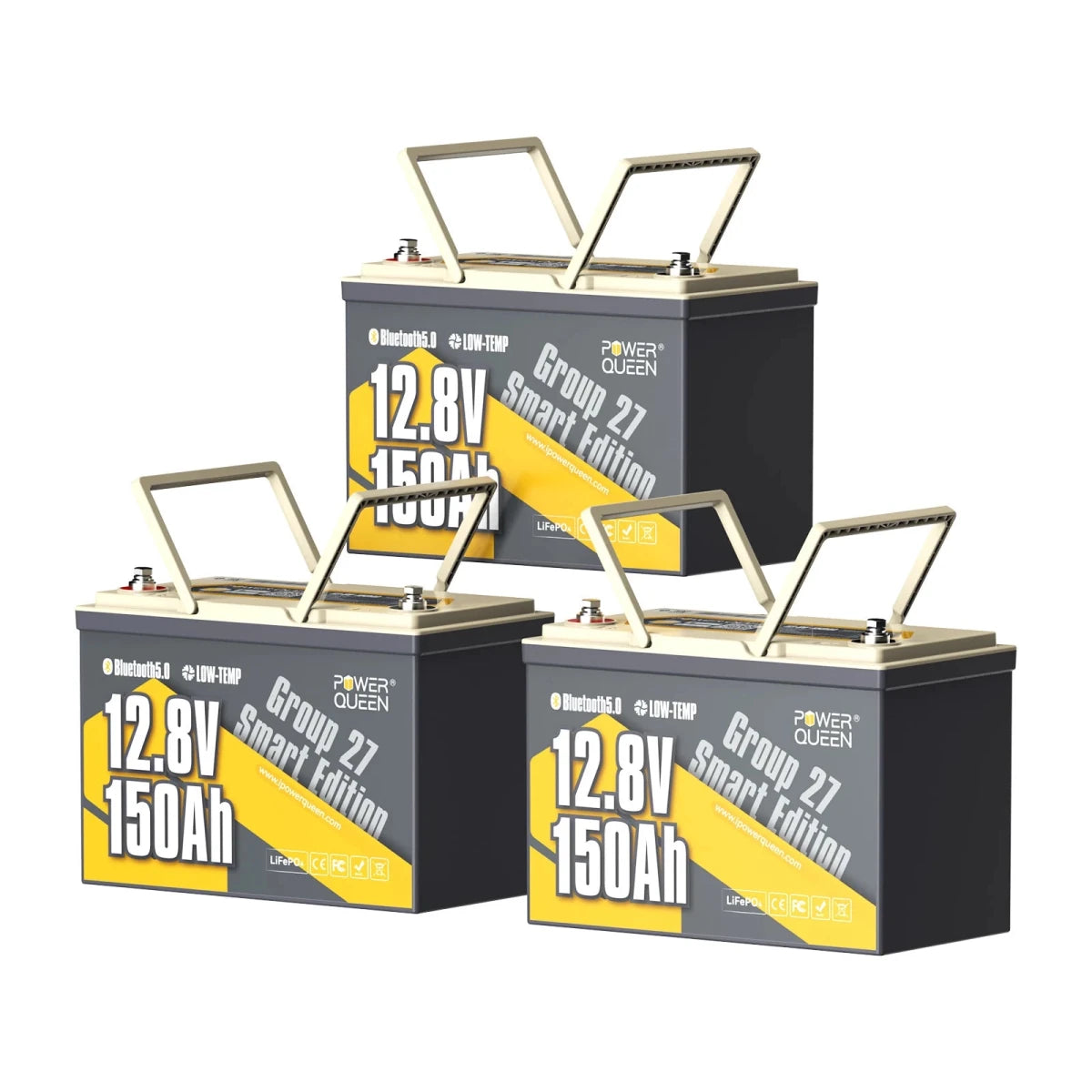 Three packs Power Queen 12v 150ah group 27 smart edition deep cycle lithium battery