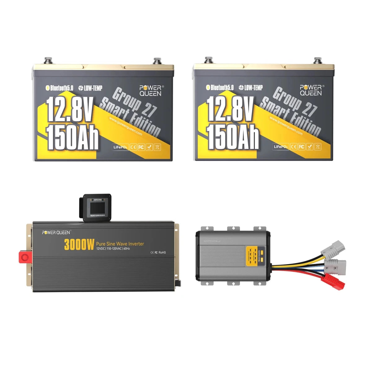 Power Queen two 12v 150ah group 27 deep cycle lithium battery bundled with a 3000W pure sine wave inverter and 40A dc to dc charger