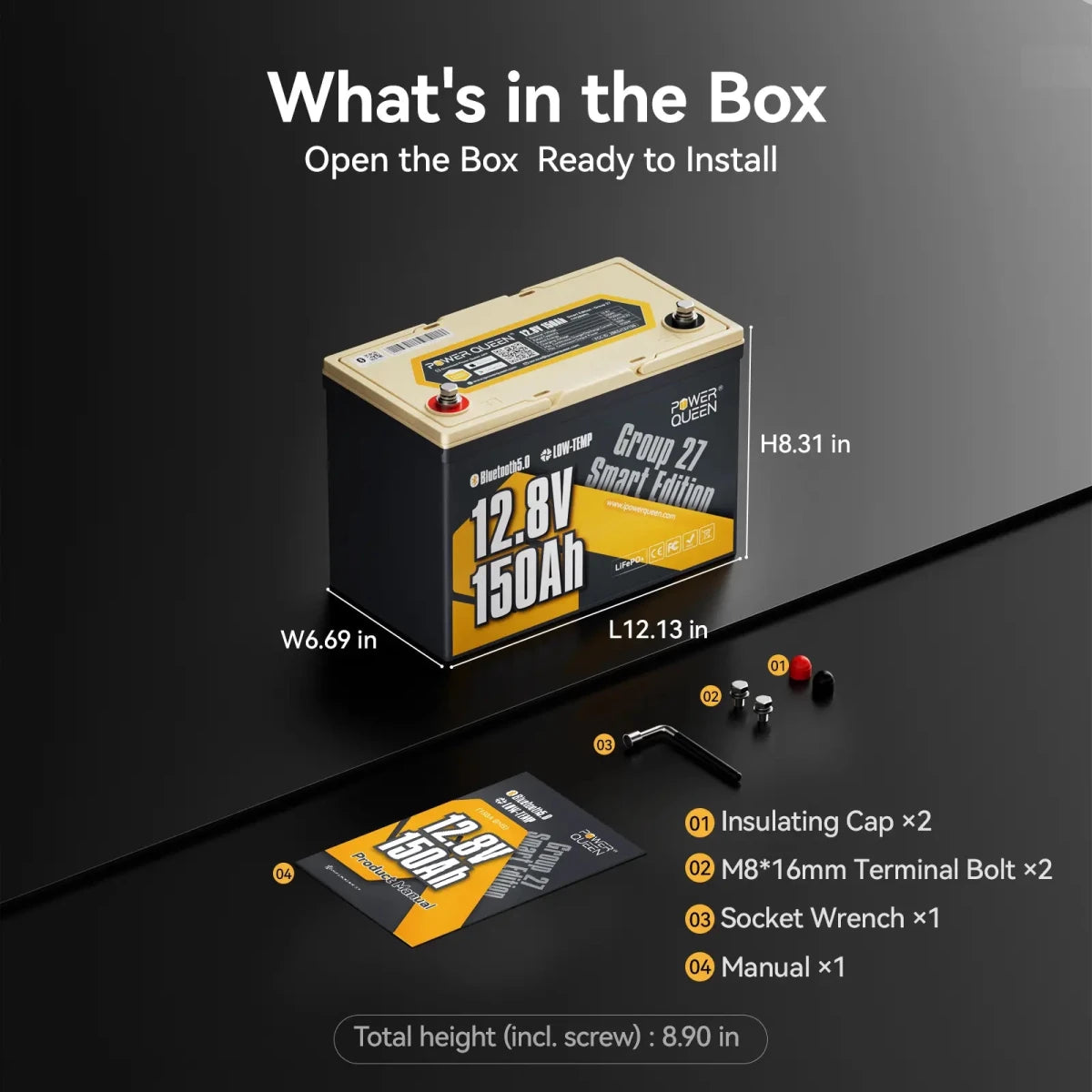 What is in the box components for Power Queen 12v 150ah group 27 deep cycle lithium battery including terminal bolts and manual