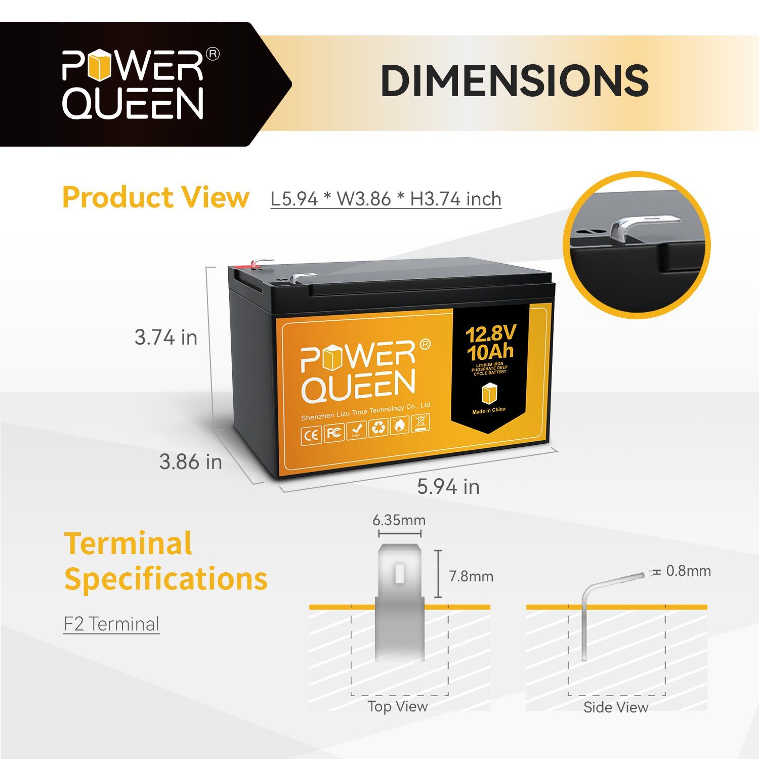 12.8V 10Ah LiFePO4 Battery, Built-IN 10A BMS Power Queen
