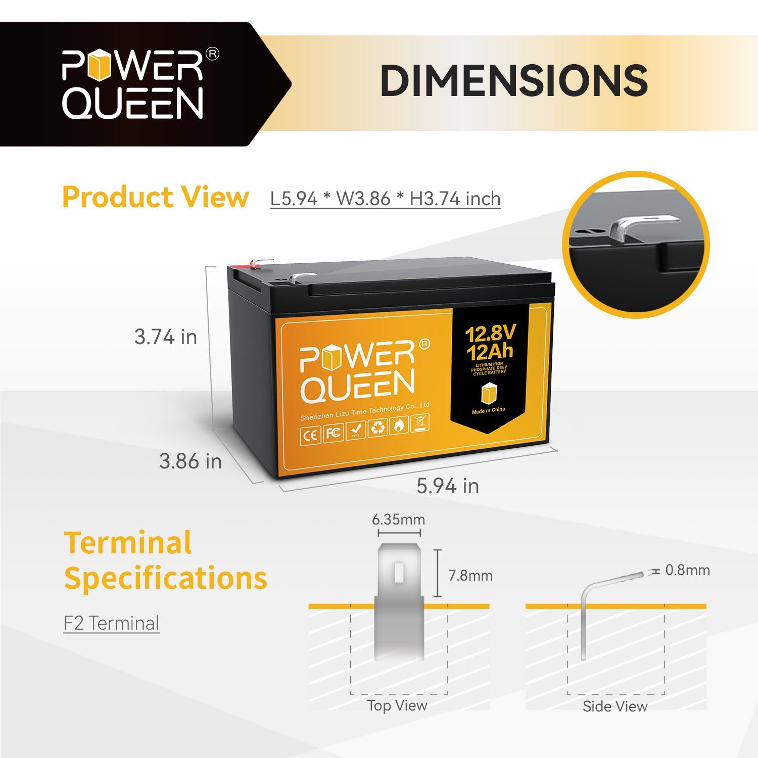 12.8V 12Ah LiFePO4 Battery, Built-IN 12A BMS Power Queen