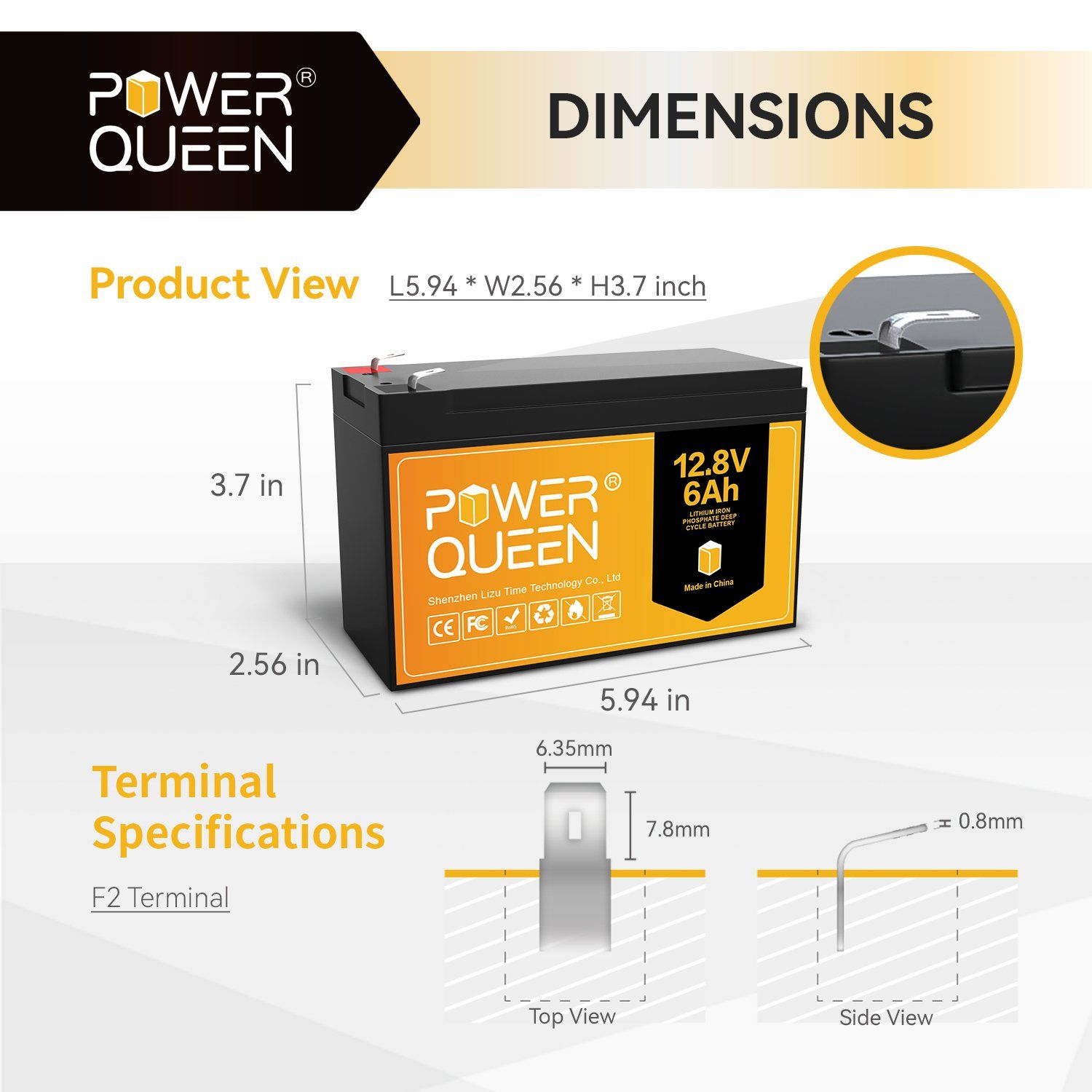 12.8V 6Ah LiFePO4 Battery, Built-IN 6A BMS Power Queen