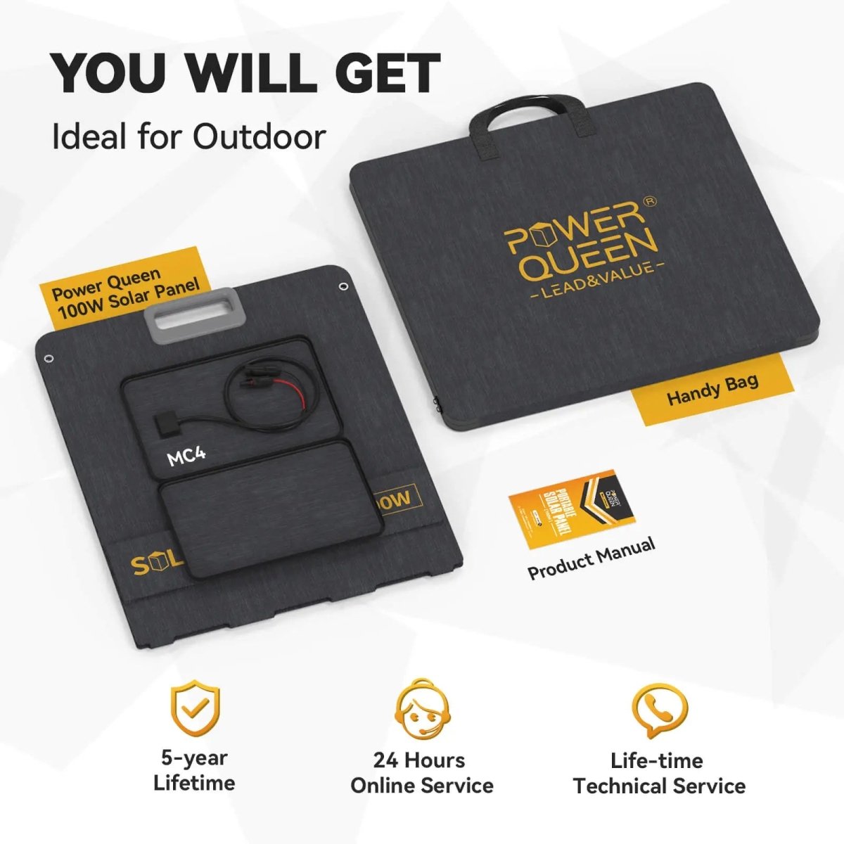 Power Queen 100W Portable Solar Panel for P300 Portable Power Station Power Queen